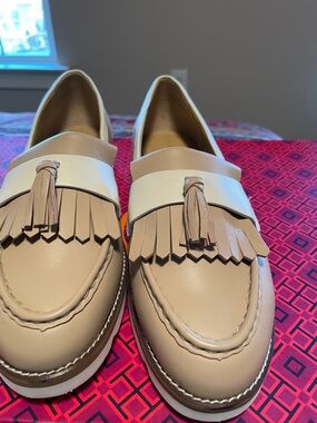 Talbots Beige and White Tassel Kiltie Loafers